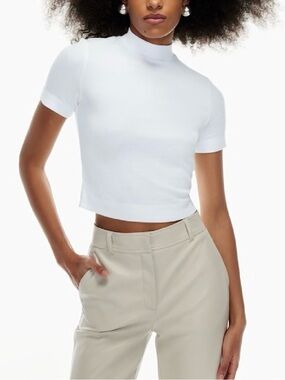 Aritzia Babaton Gonzalo Ribbed Mock Neck T-Shirt White Fitted Tee 2XS